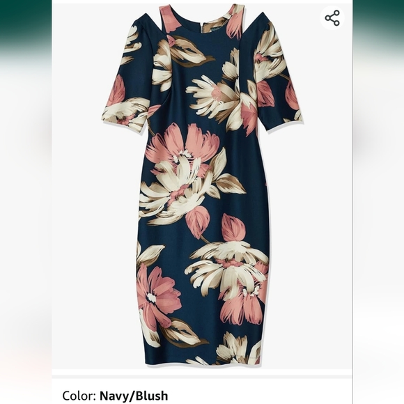 Gabby Skye Open Shoulder Navy Blush Floral Midi dress - Picture 2 of 6